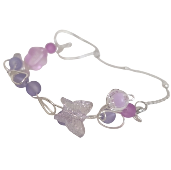 Silver Plated Holographic Butterfly Frosted Glass Wire Ball Chain Bracelet - Picture 9 of 14